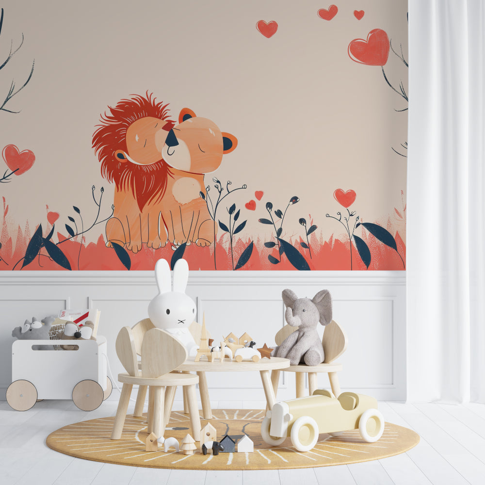 Romantic lion wallpaper design bringing charm to a cozy reading nook