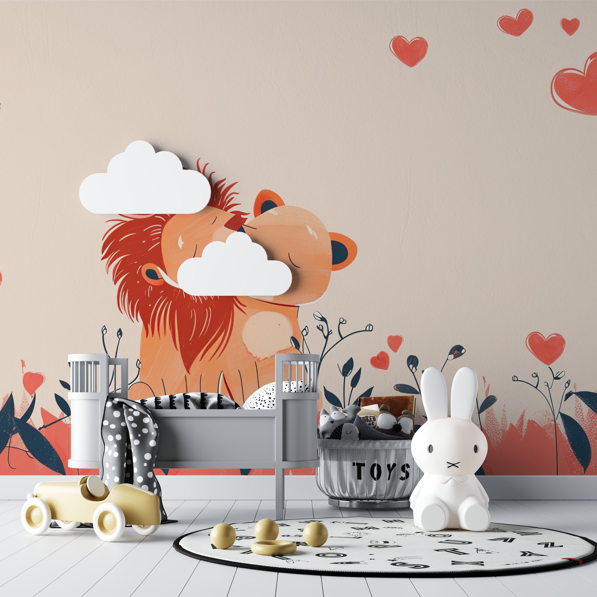 Lion couple wall mural creating a sweet focal point in a baby's room