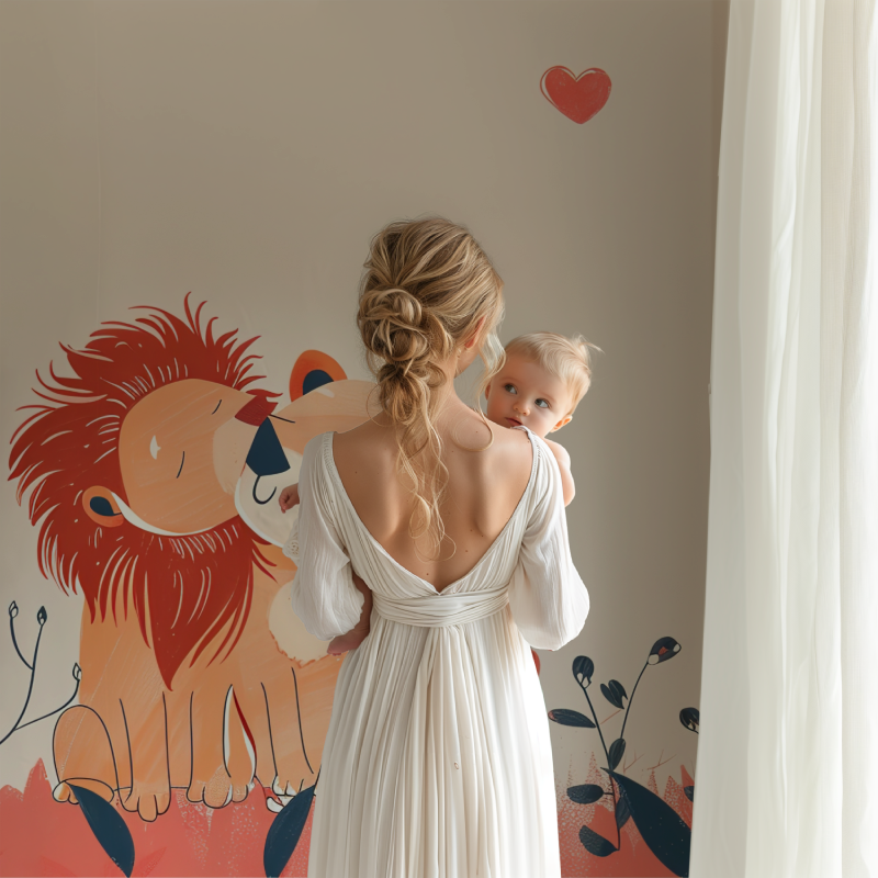 Sweet lion mural wallpaper transforming a playroom with gentle colors