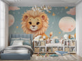 Lion mural wallpaper in a bright nursery with white furniture, showing the sweet safari design with floating bubbles