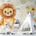 Baby Lion wallpaper mural styled in modern nursery with white furniture and natural light