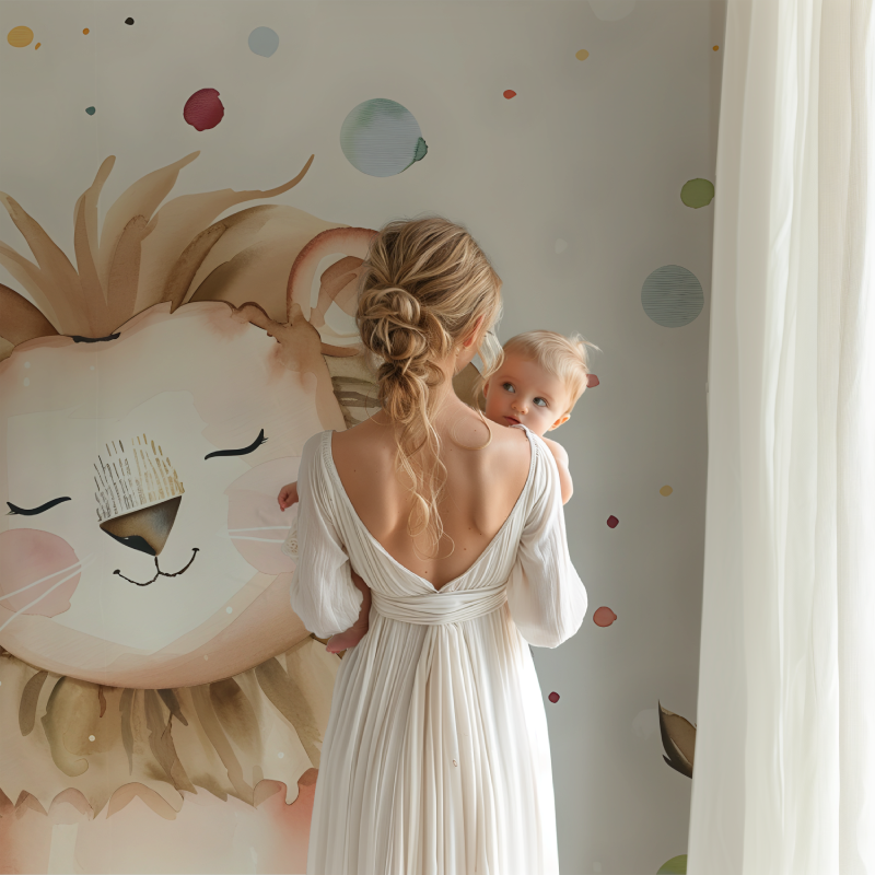 Lion Nursery Wallpaper in daycare room showing cheerful dots pattern