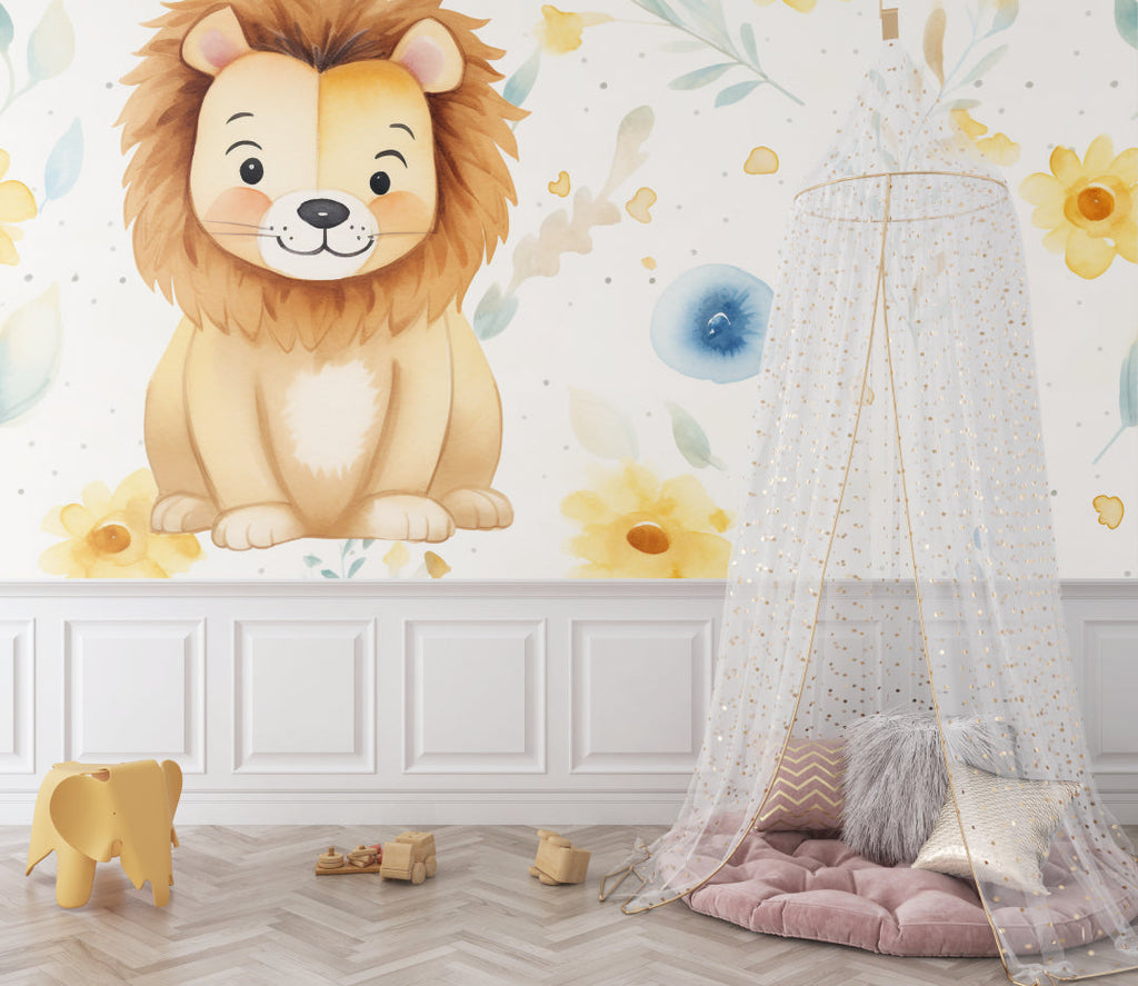 Lion Nursery Wallpaper styled in toddler bedroom with neutral decor