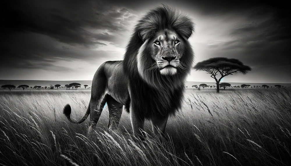 Black and white lion wallpaper design file showing detailed African savanna pattern