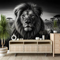 Black and white lion mural wallpaper creating a dramatic focal point in a modern living room with minimal furniture