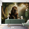 Lion mural wallpaper creating a dramatic focal point in a modern living room with natural light highlighting the jungle scene