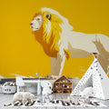 Lion mural wallpaper creating a bold statement in a modern minimalist living room with yellow accents and contemporary furniture