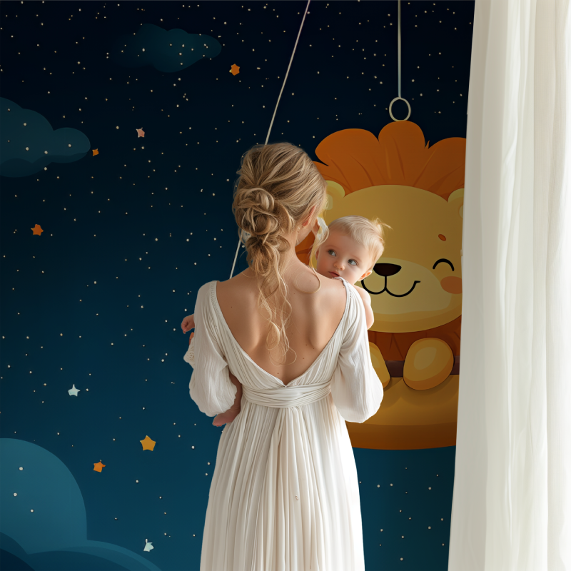 Lion kids wallpaper styled in modern nursery with soft lighting showing the magical starry night effect