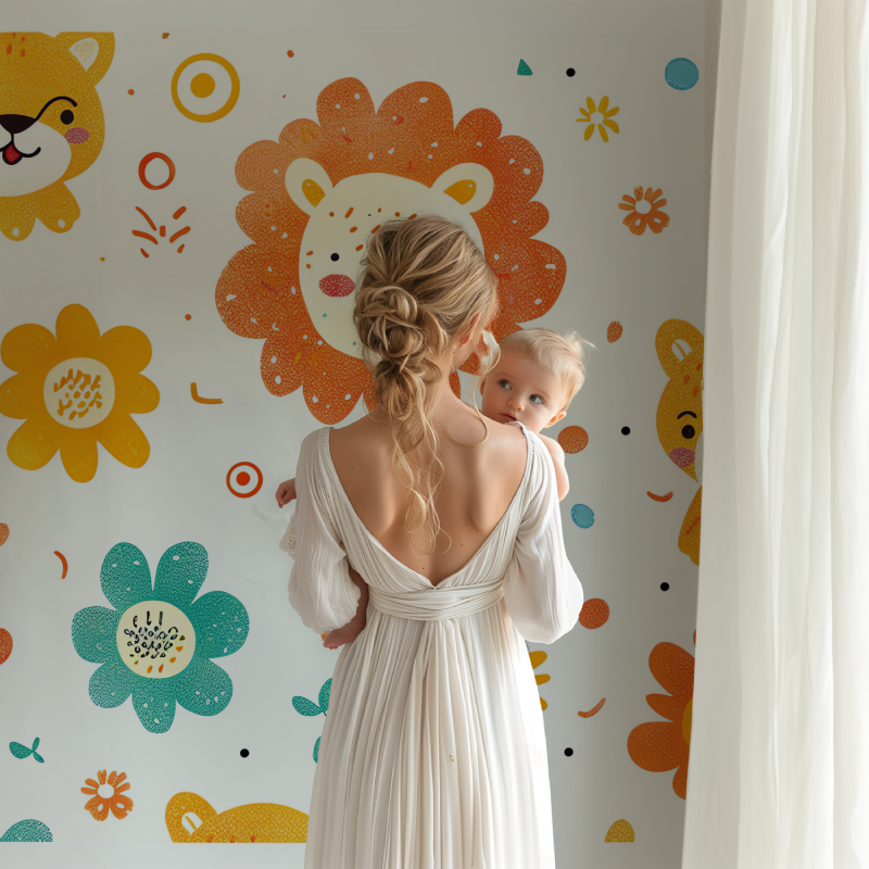 Lion wallpaper mural in bright nursery with white furniture
