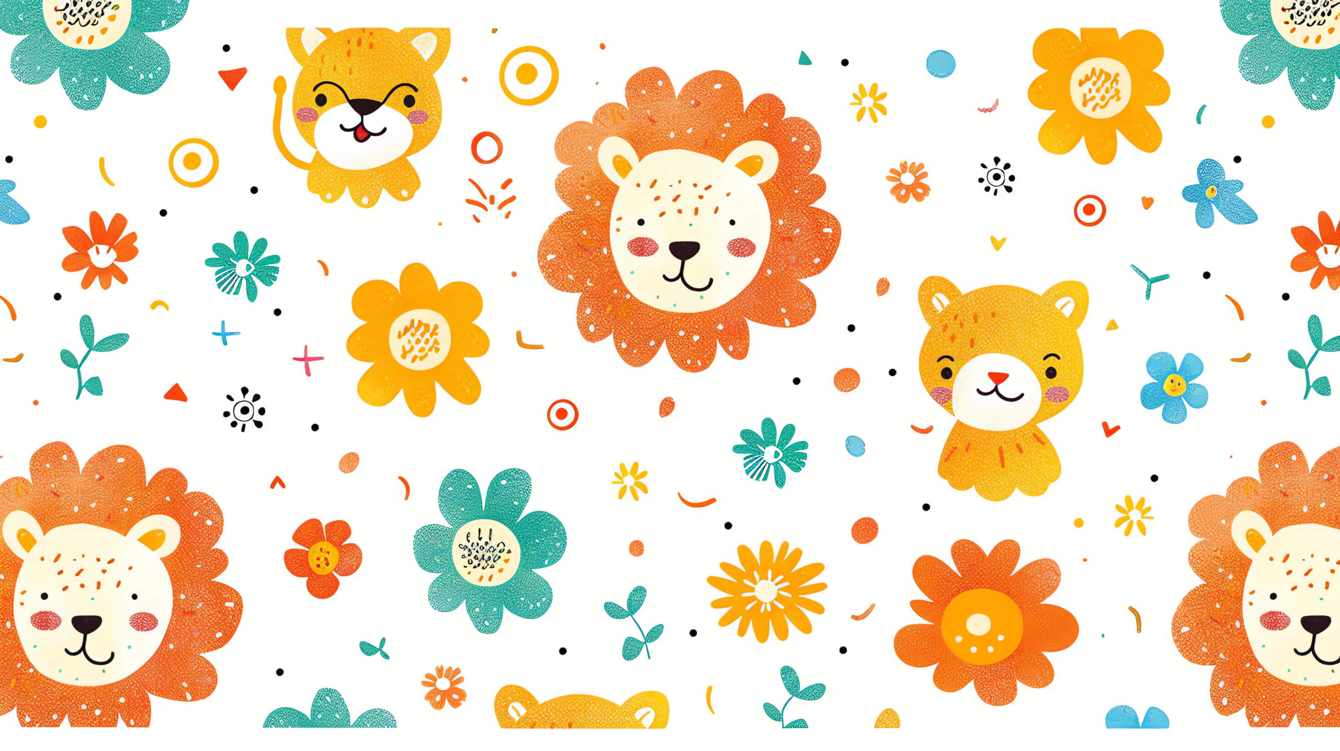 Design file of lion and flowers pattern with turquoise and orange blooms