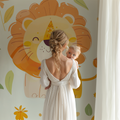 Playful Safari Lion Wallpaper in bright nursery with white furniture and soft toys