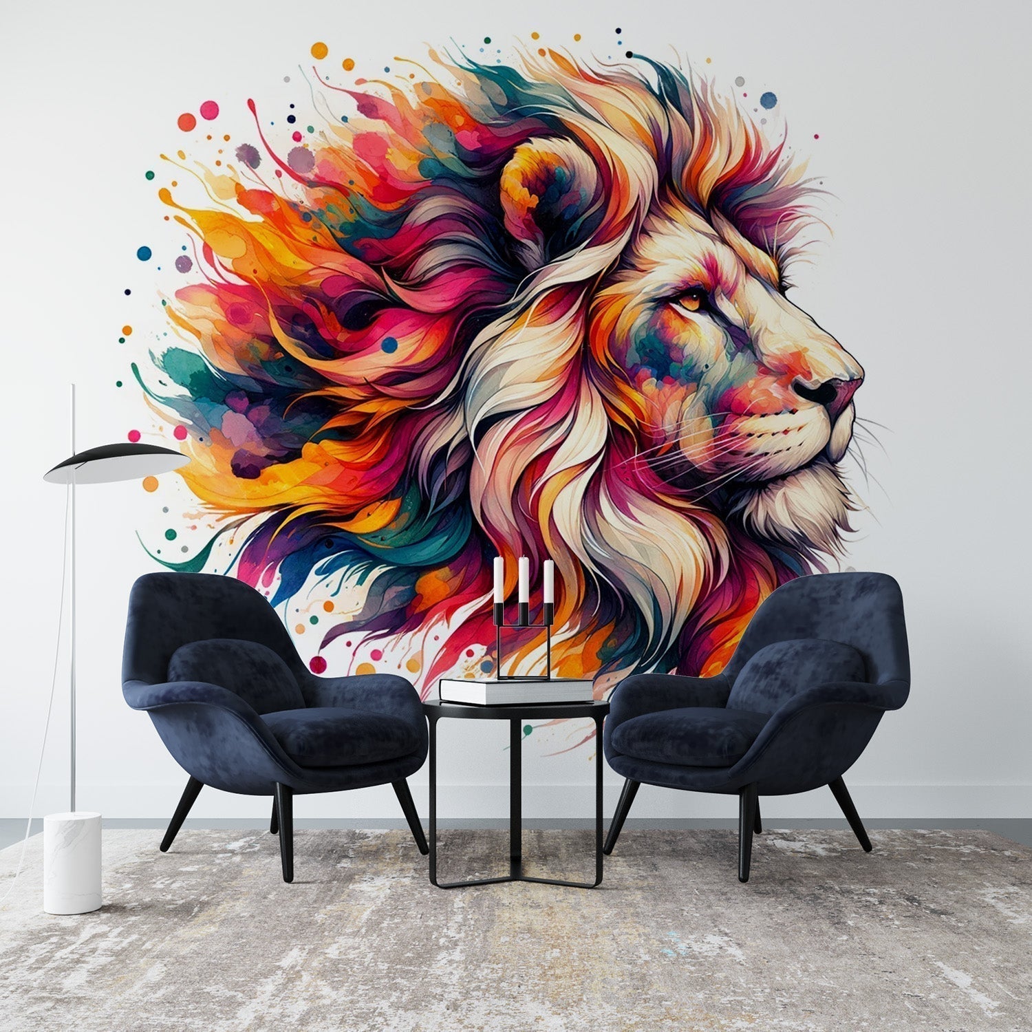 Watercolor lion mural wallpaper creating a bold artistic statement in a modern living room with natural lighting