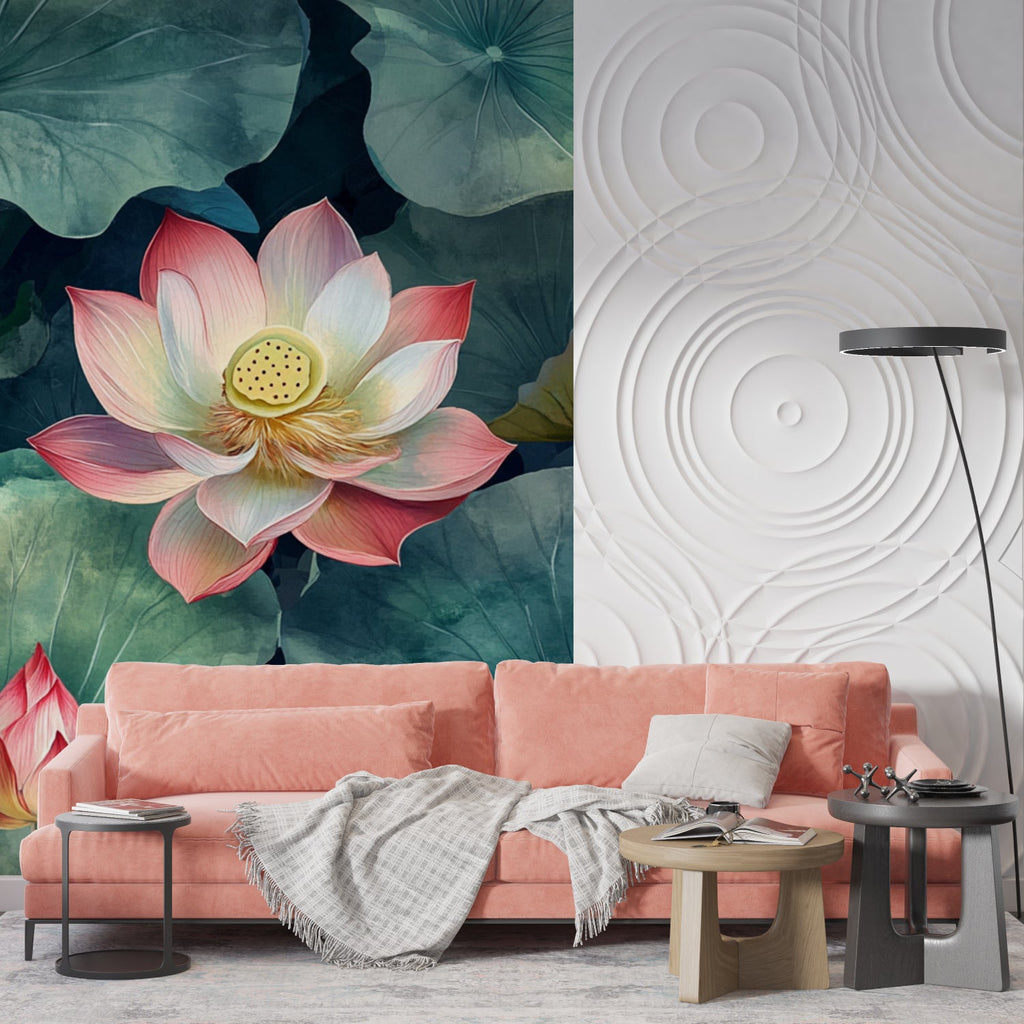 Botanical Lotus Wallpaper in yoga studio showing scale and detail