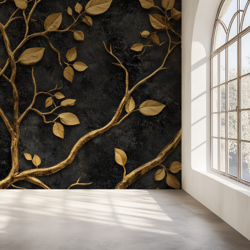Luxury gold tree wallpaper creating drama in a modern living room with black furniture