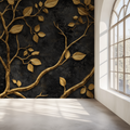 Luxury gold tree wallpaper creating drama in a modern living room with black furniture