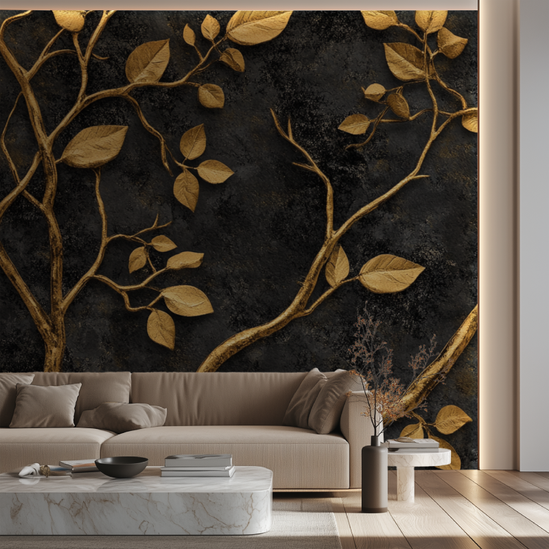 Black and gold tree mural making a statement in an elegant dining room