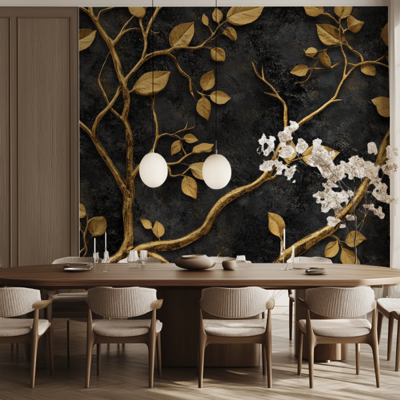 Tree pattern wallpaper showcasing metallic details in a home office
