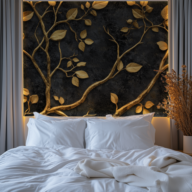 Black and gold tree design creating depth in an entrance hallway