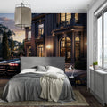 Luxury mansion wallpaper in modern living room showing sleek sports car and sunset