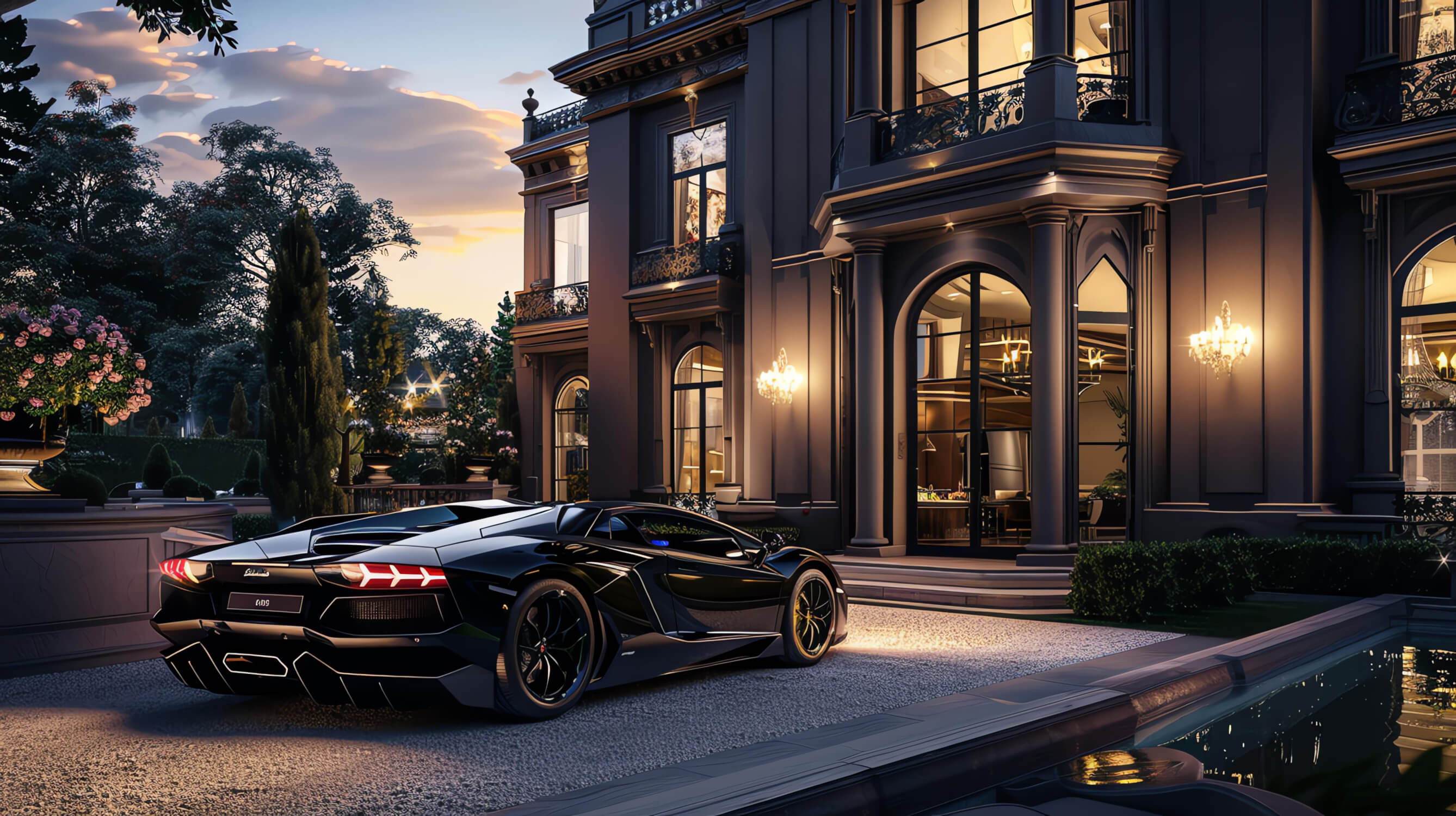 Design file showing detailed luxury mansion and sports car pattern in golden sunset glow