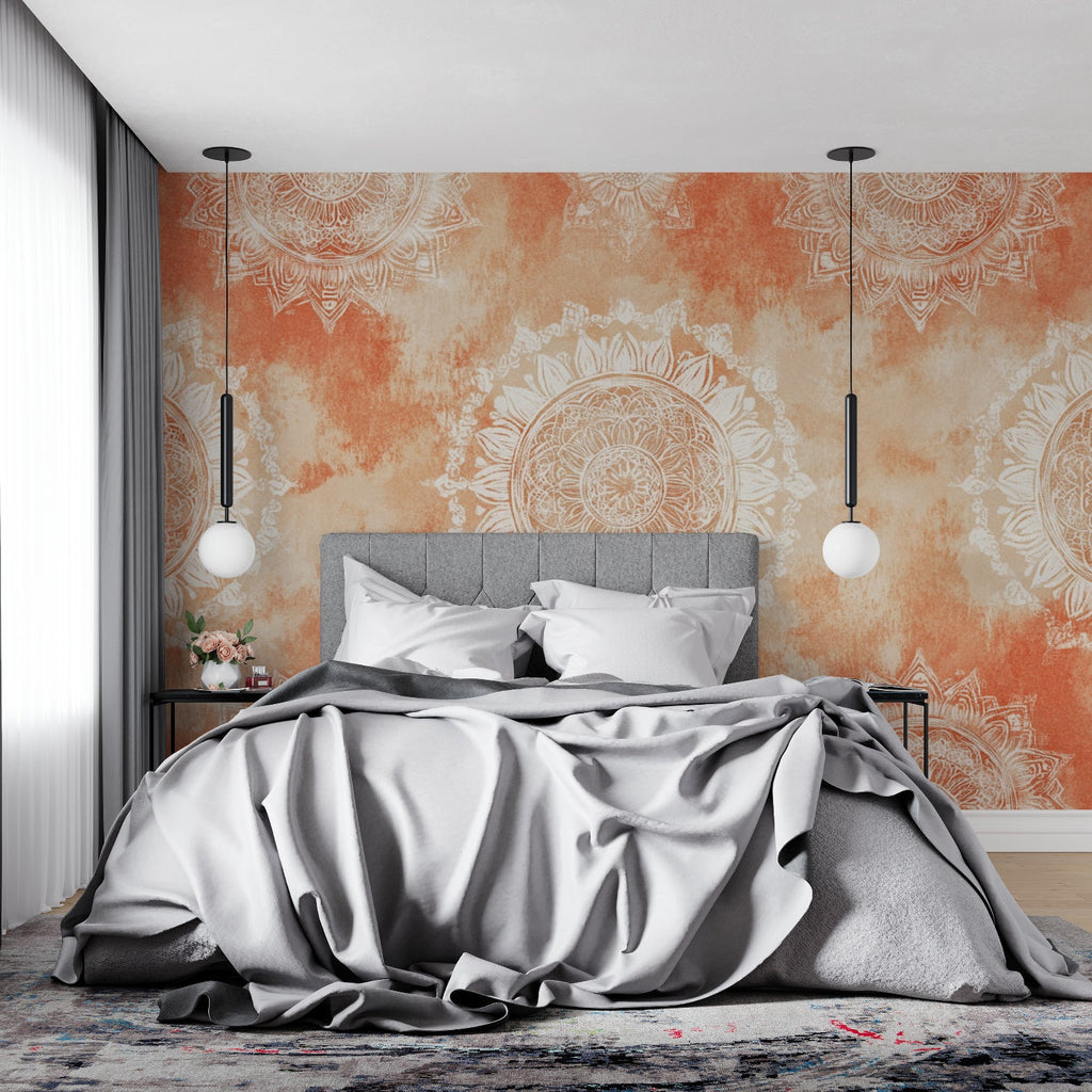 Terracotta pattern wallpaper enhancing a home office with serene vibes