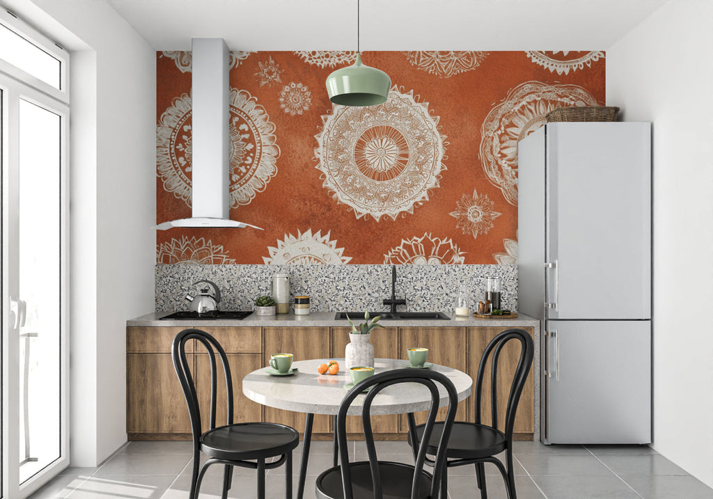 Mandala wallpaper in modern living room showing terracotta and white geometric pattern creating depth