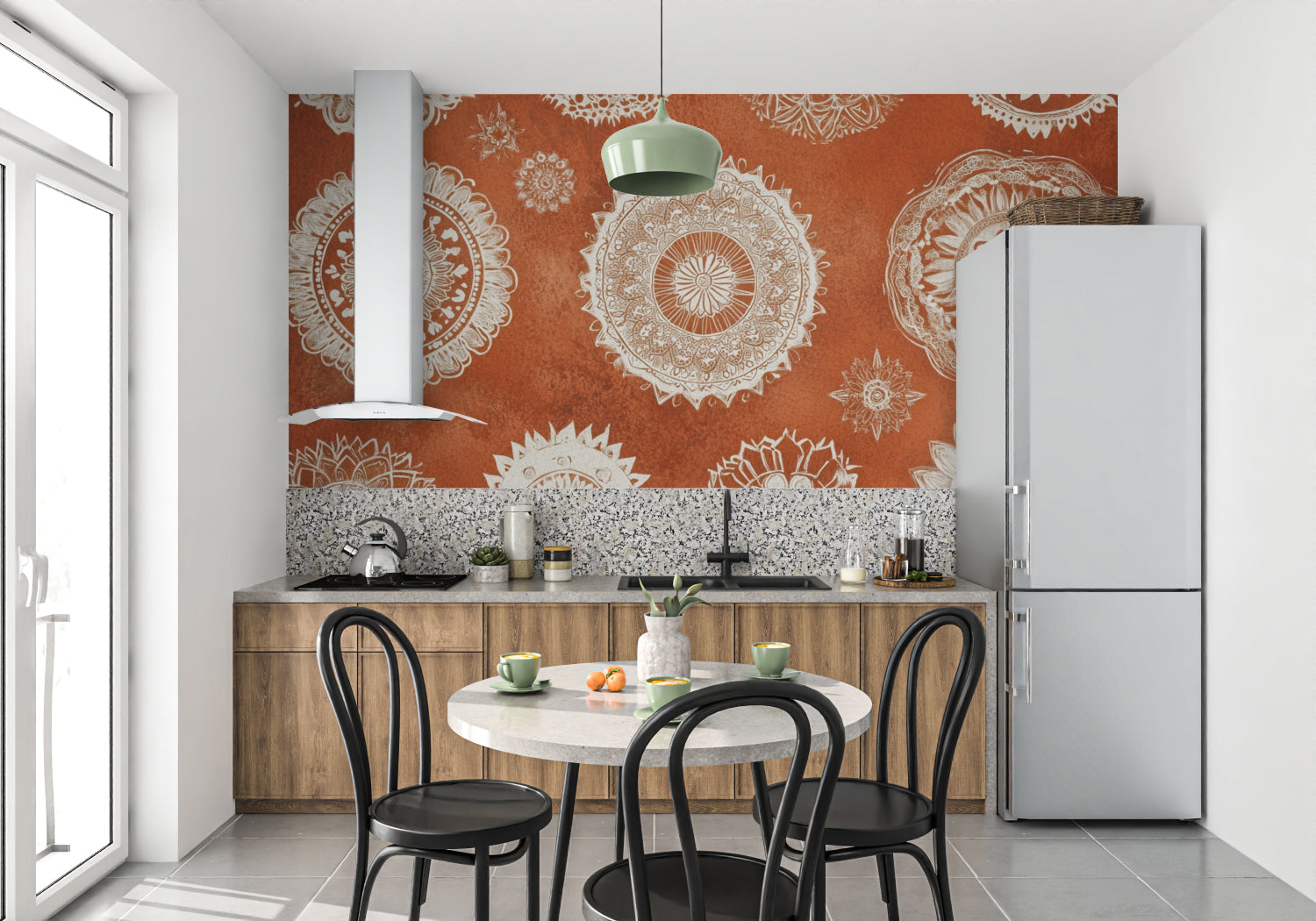 Mandala wallpaper in modern living room showing terracotta and white geometric pattern