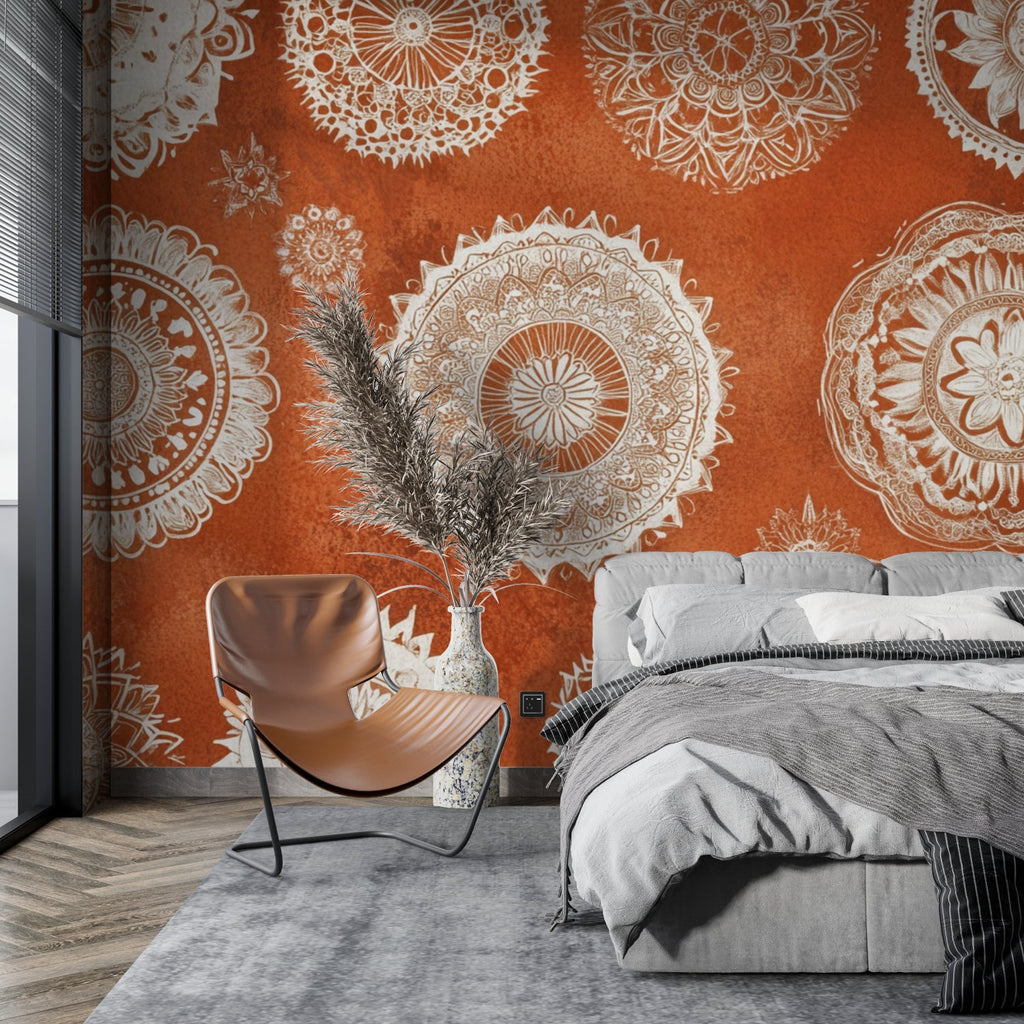 Ethnic mandala wall mural creating cozy atmosphere in bedroom setting