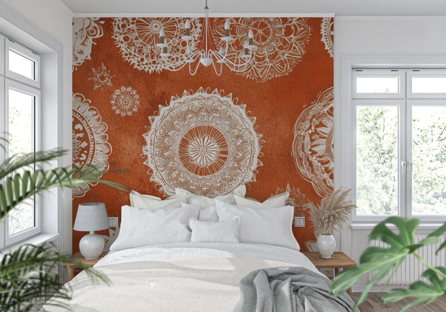 Bohemian mandala wallpaper in yoga studio showing full wall application