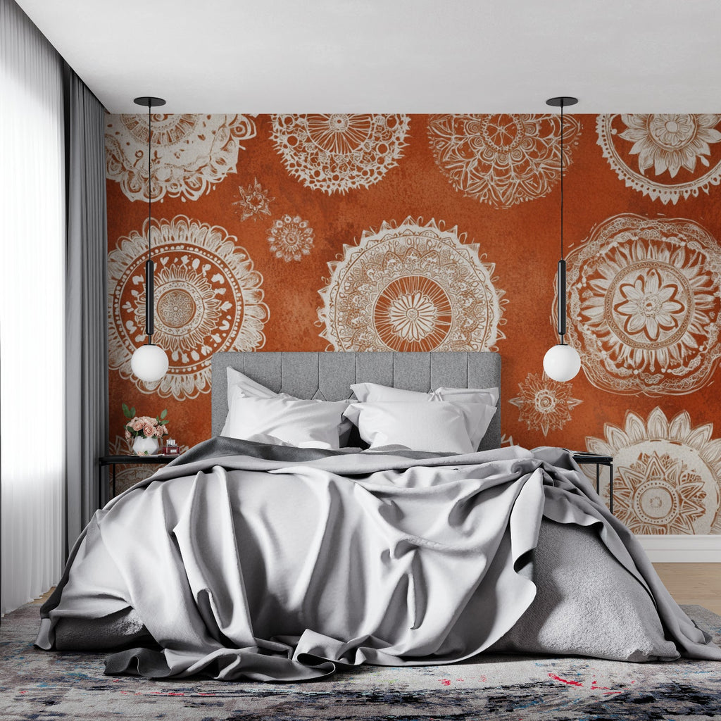 Terracotta mandala wallpaper in meditation room with natural light