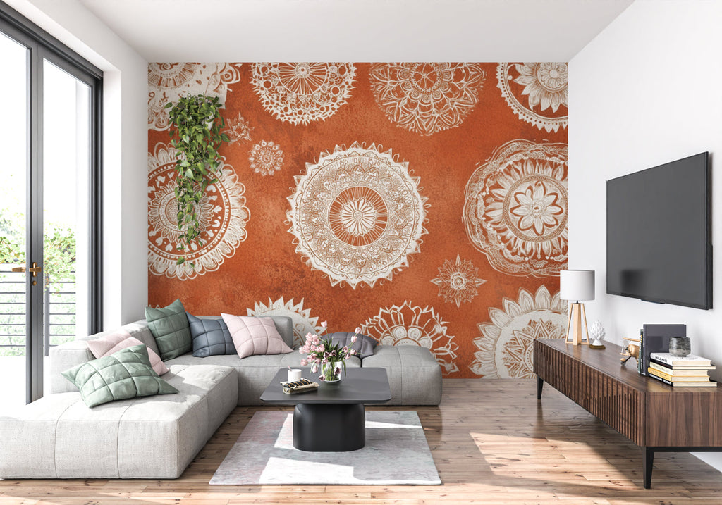 Geometric mandala pattern displayed in home office space