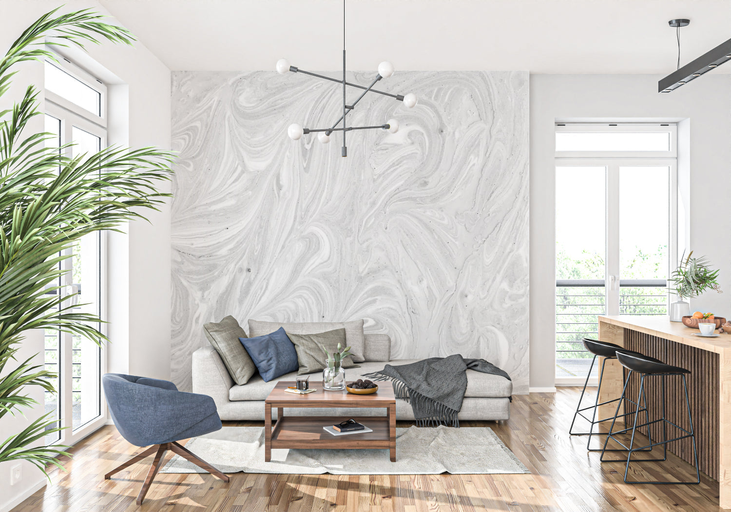 Elegant dining room featuring grey marble effect wallpaper creating sophisticated atmosphere