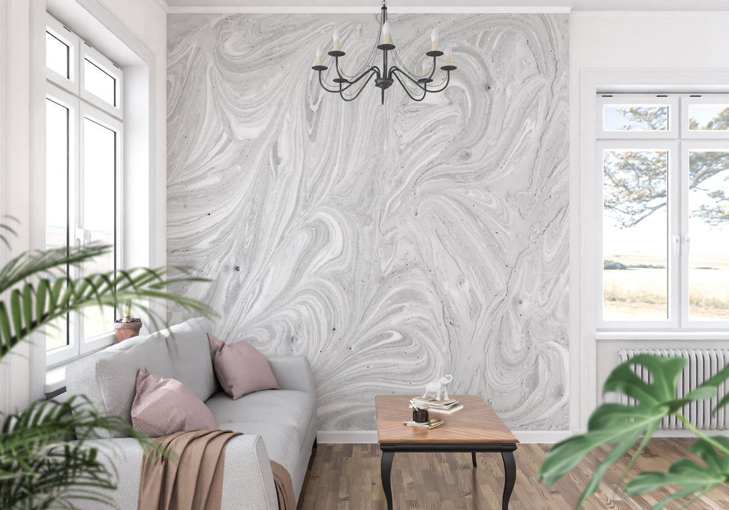 Master bedroom with grey marble wallpaper mural adding luxury hotel feel