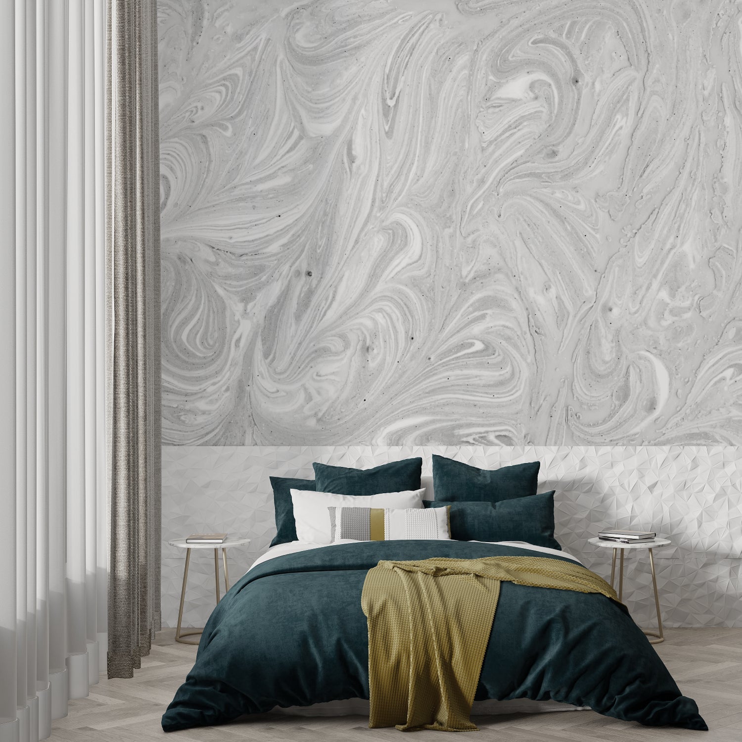 Hallway transformed with flowing grey marble wallpaper design