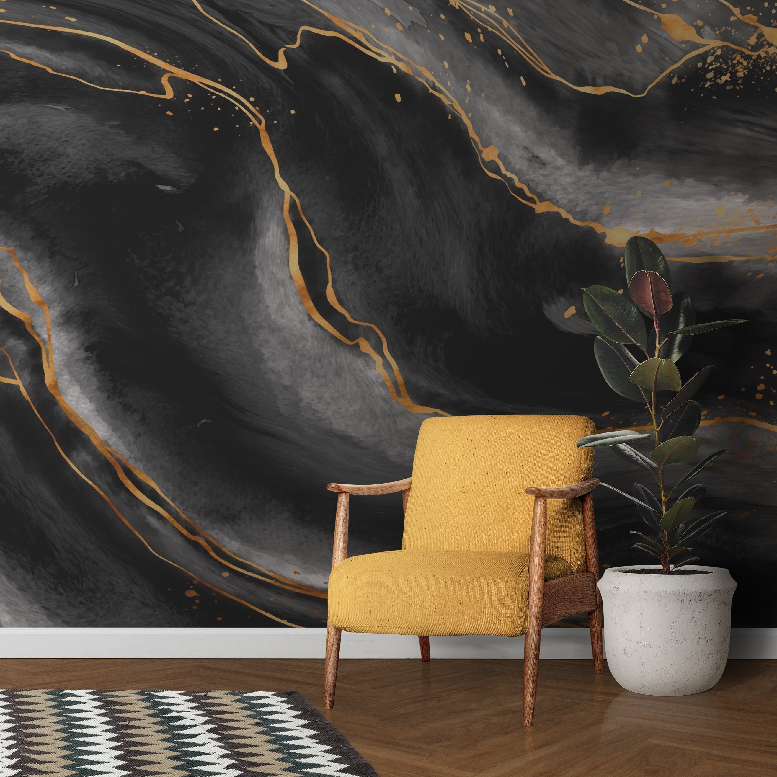 Black and gold marble wallpaper in modern living room with high ceilings and natural light