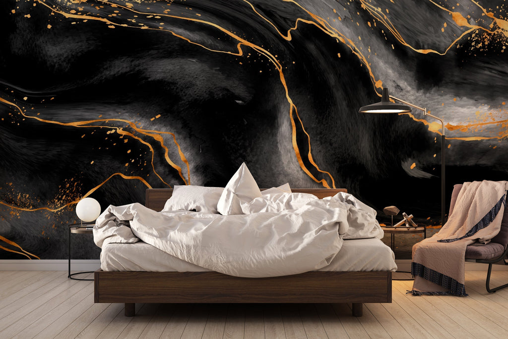 Luxury dining room featuring black marble wall mural with gold accents