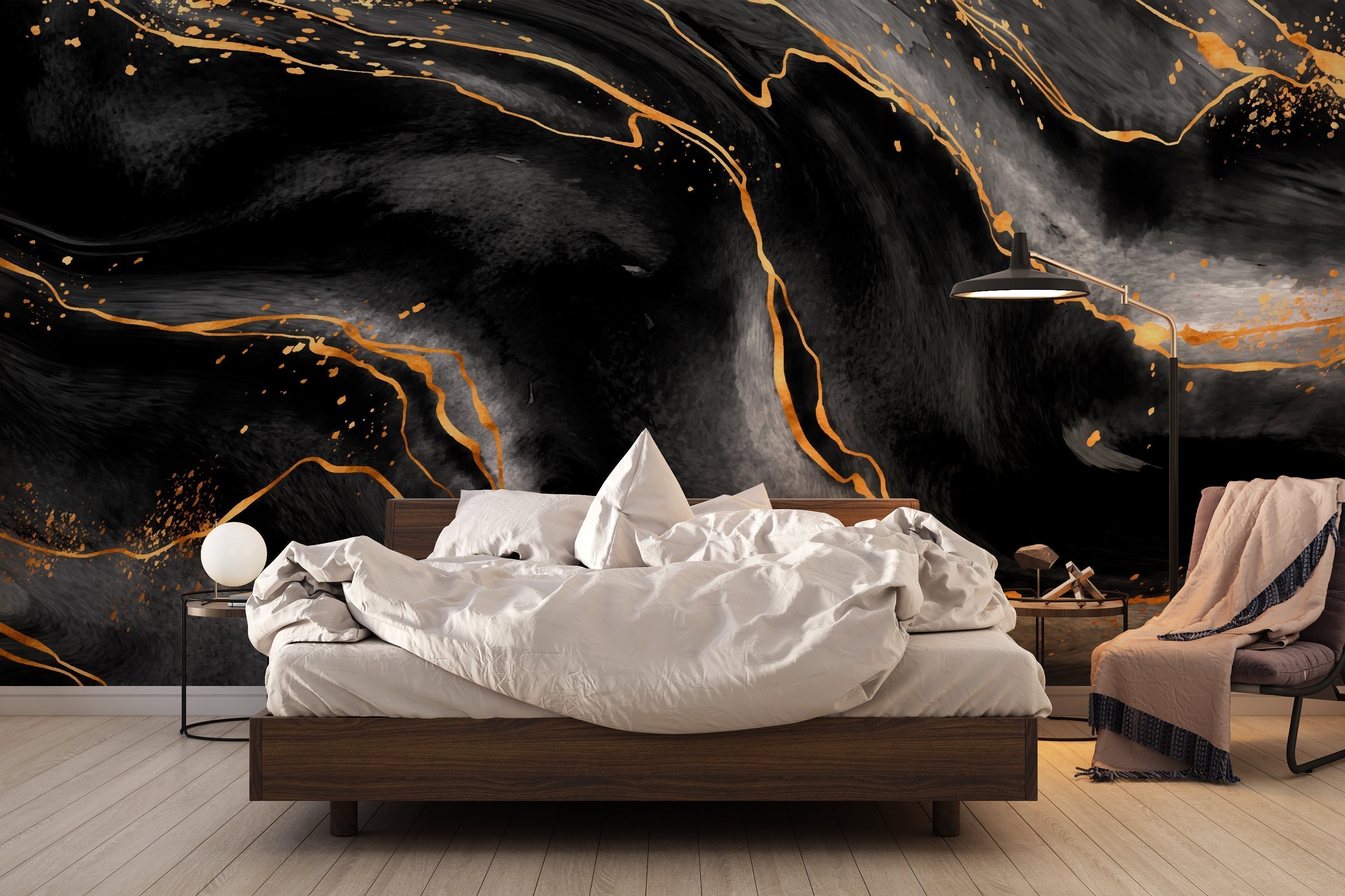 Luxury dining room featuring black marble wall mural with gold accents