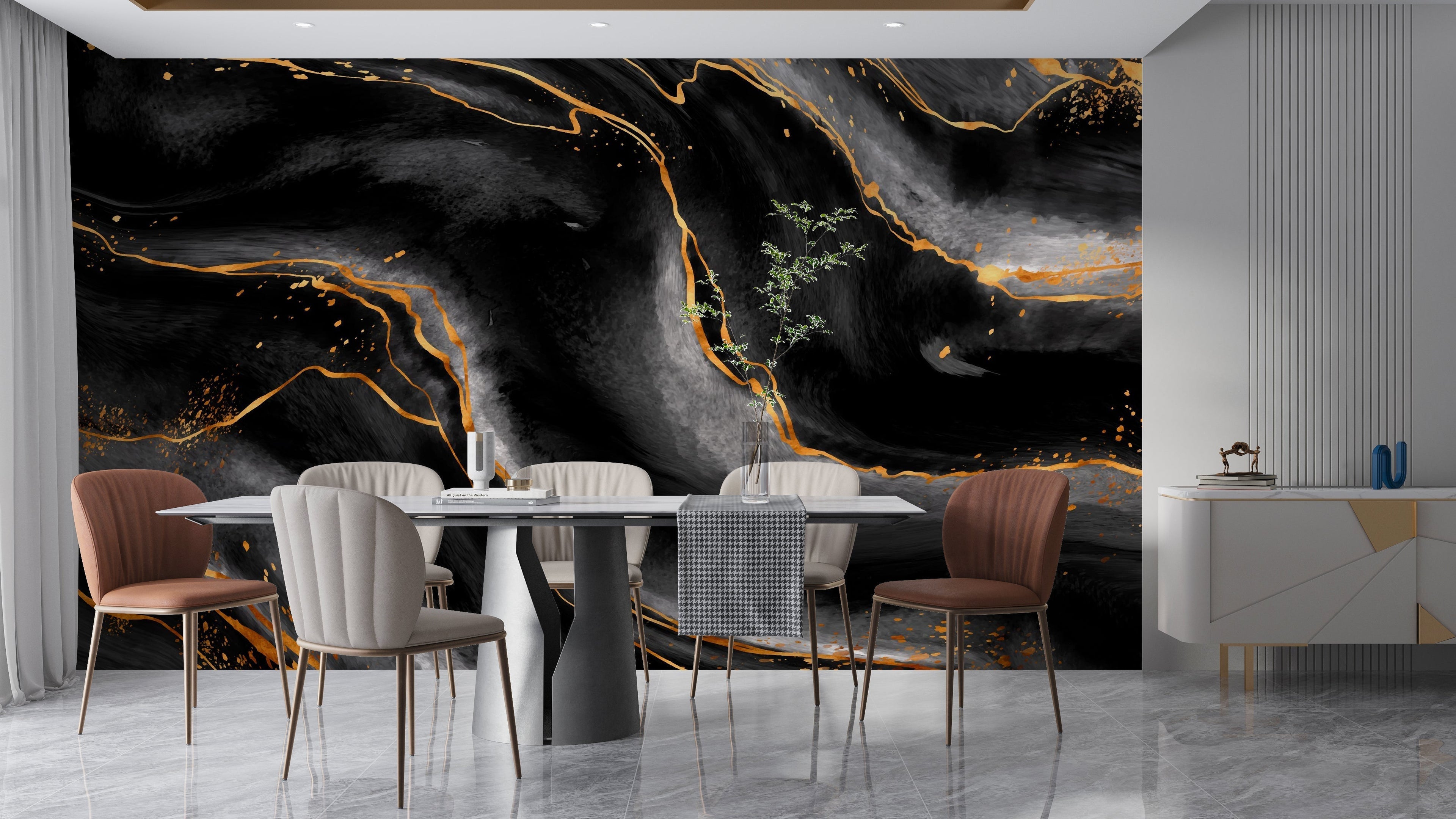 Master bedroom with dramatic black and gold marble feature wall