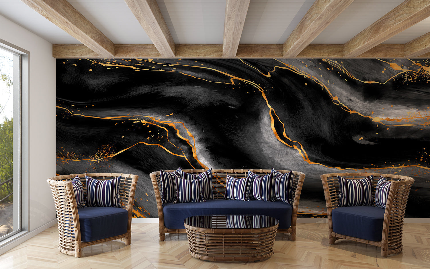 Home office with black marble wallpaper creating sophisticated atmosphere