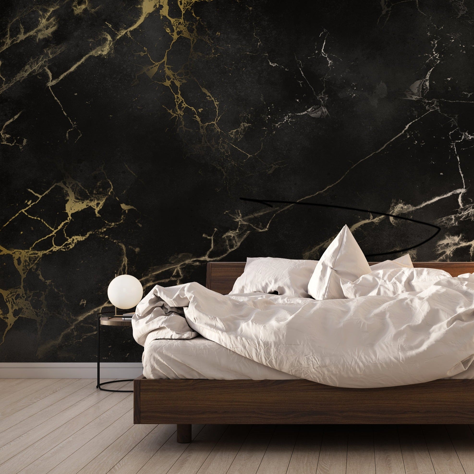 Black and gold marble wallpaper in modern dining room with crystal chandelier and golden accents