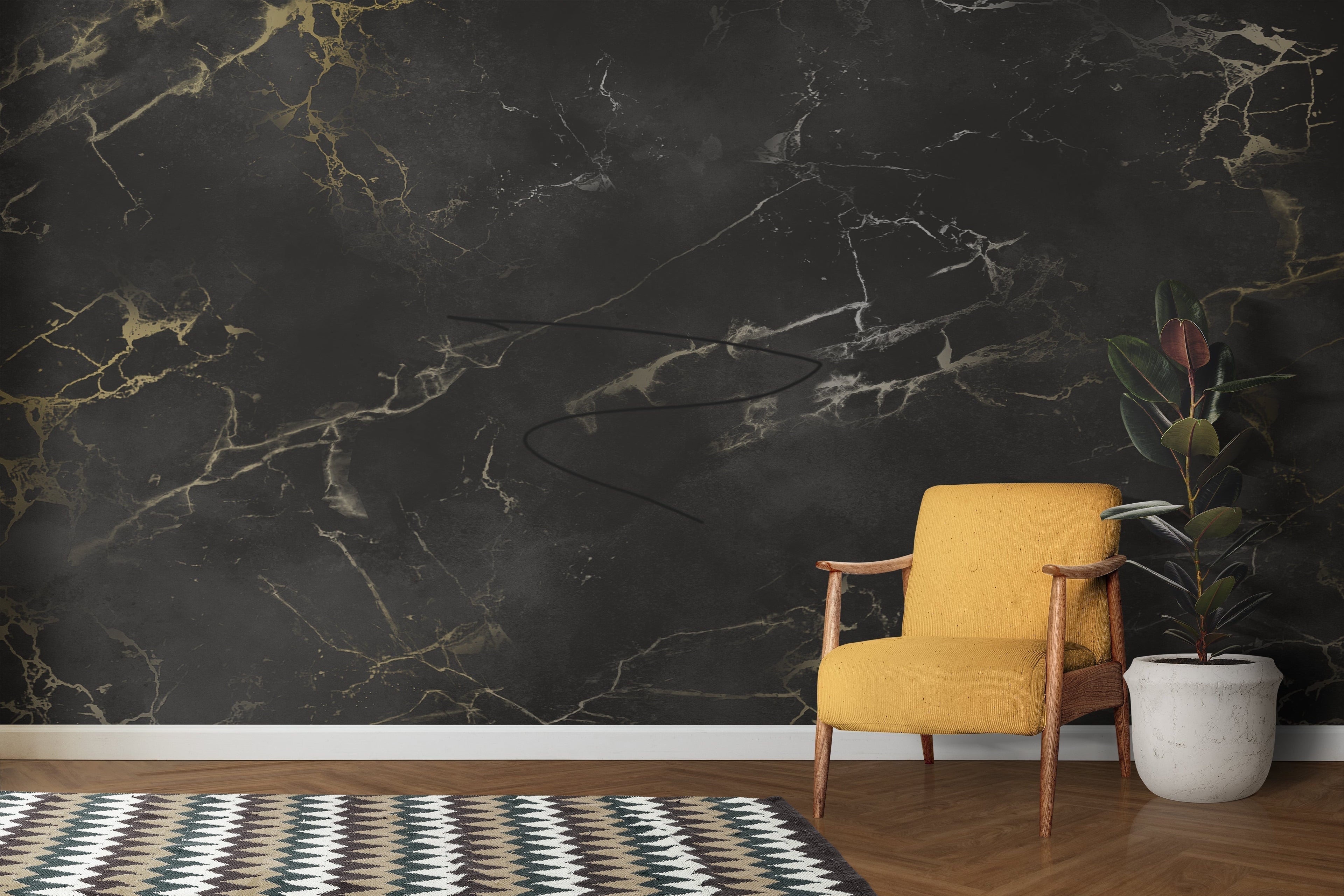 Black marble wallpaper with gold veining in elegant bathroom setting
