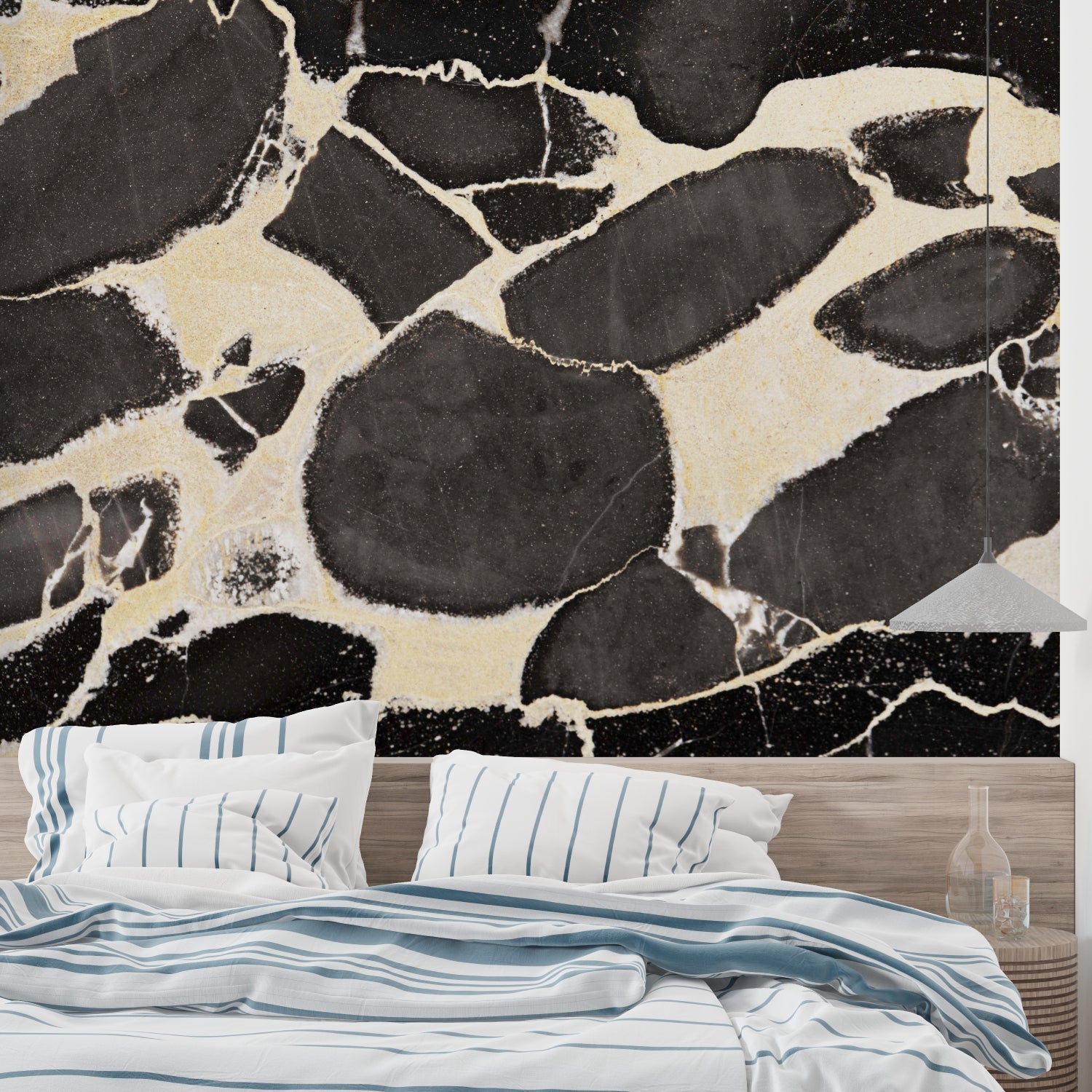 Marble wallpaper in modern living room, black and gold luxury pattern creating elegant atmosphere