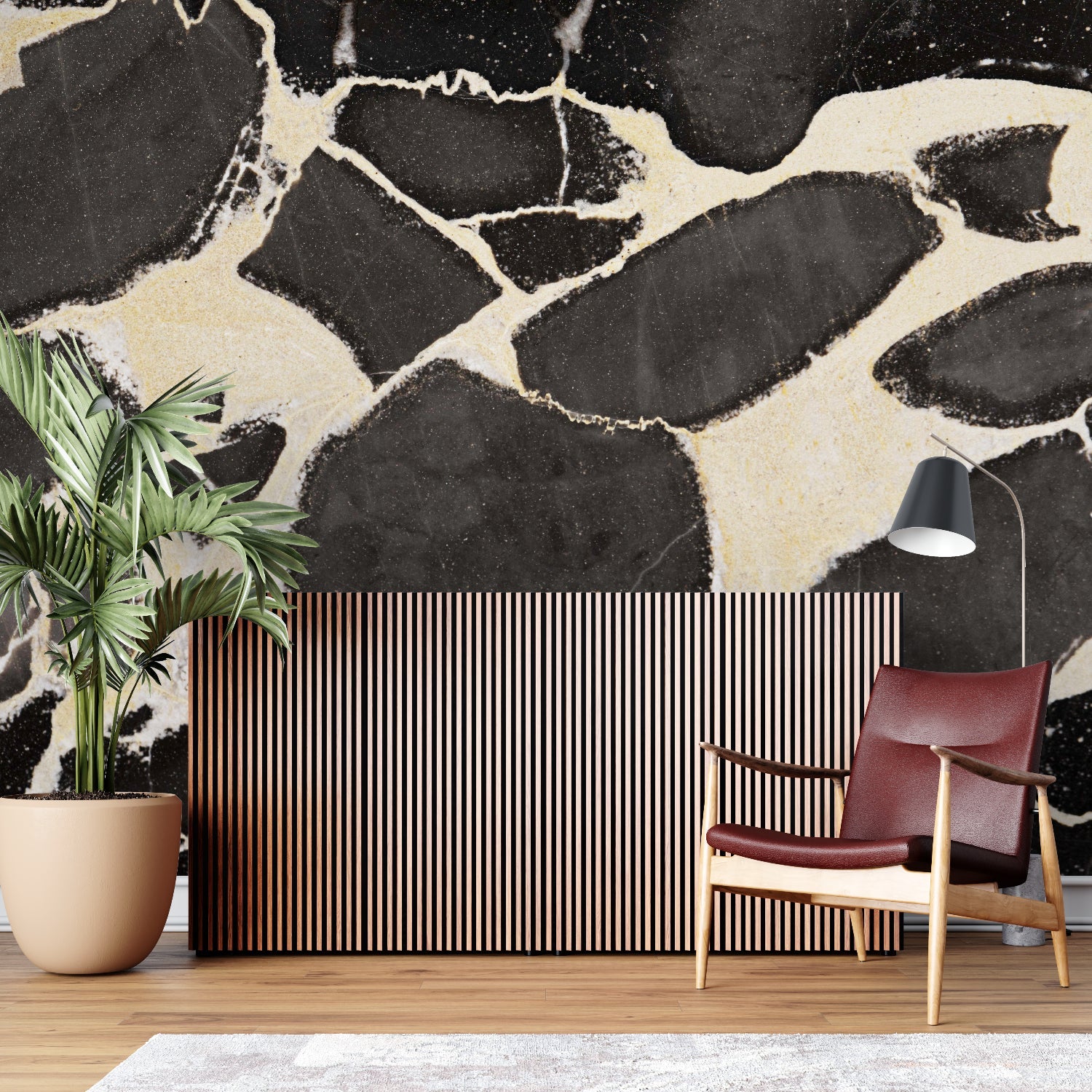 Modern entryway featuring black and gold marble wall design