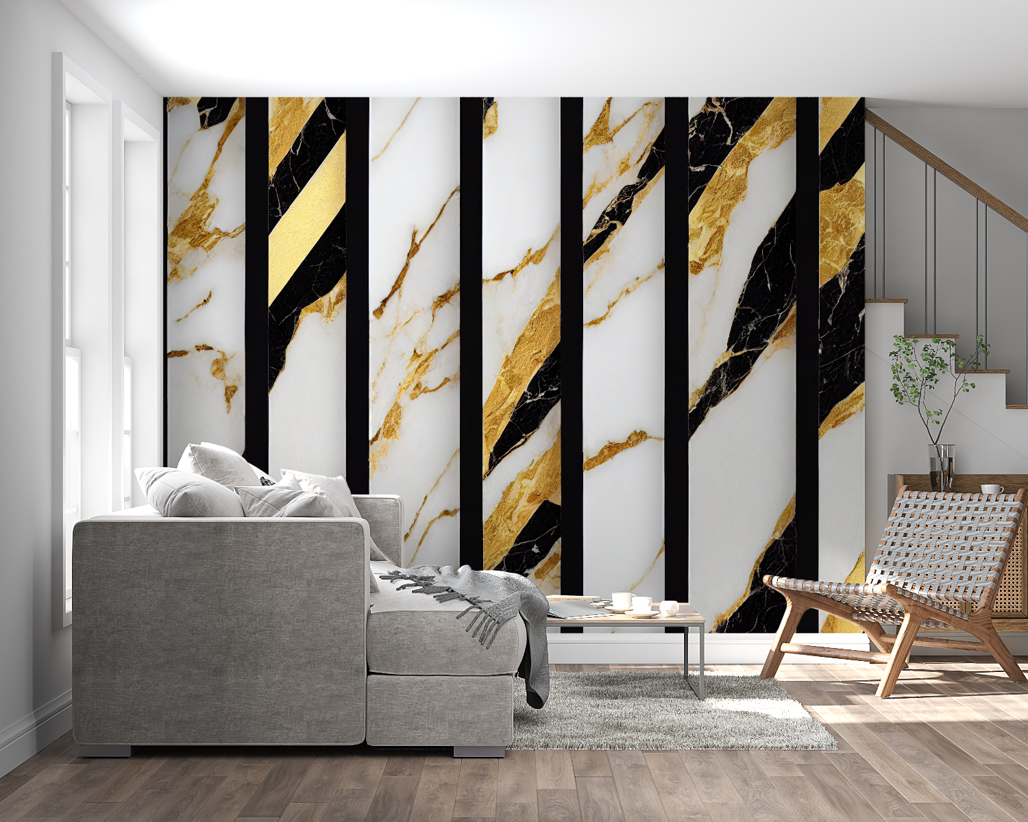 Modern marble wallpaper creating dramatic entryway impact