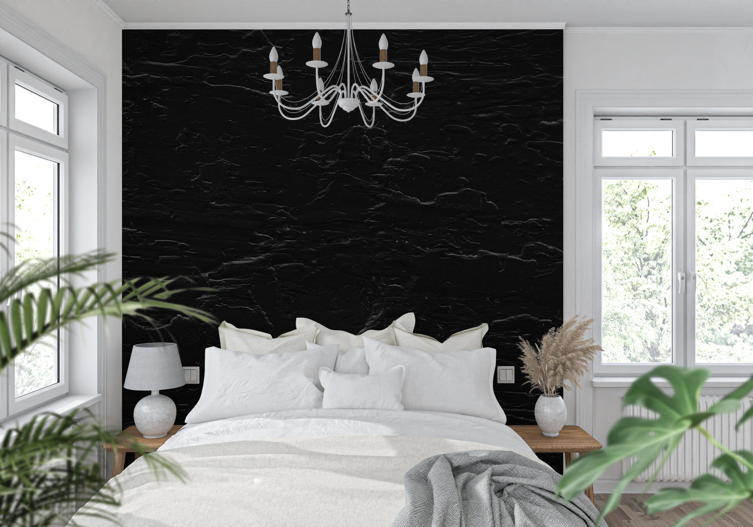 Elegant dining room featuring black stone wall mural with subtle grey streaks