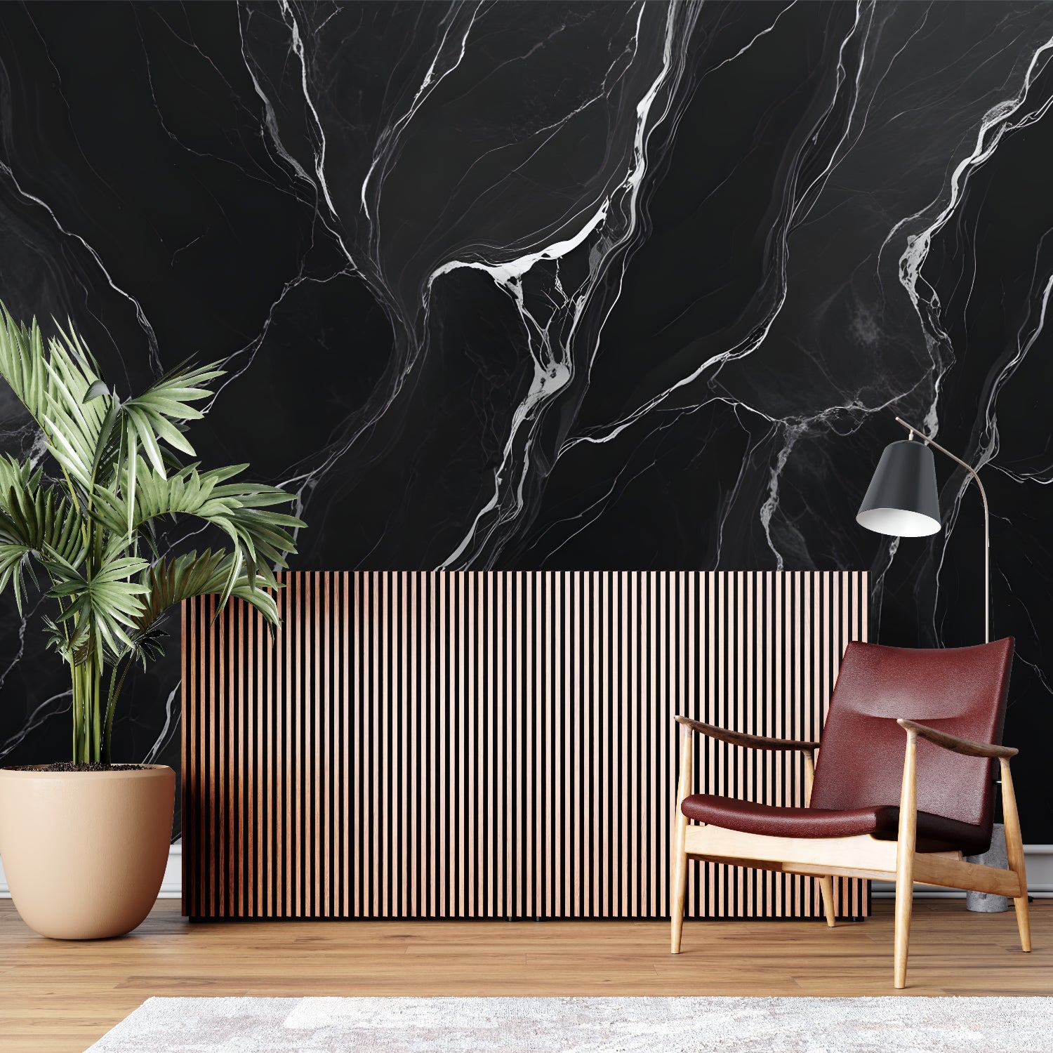 Black marble wallpaper creating dramatic impact in modern living room with white furniture