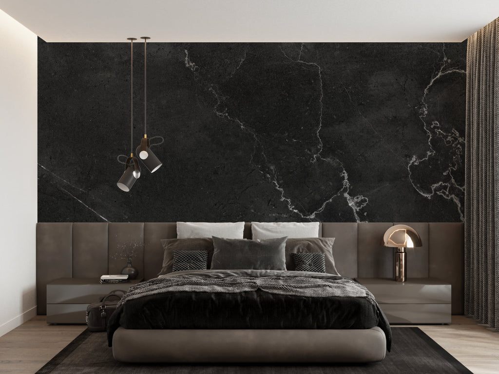 Black stone wallpaper creating dramatic dining room feature wall