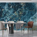 Blue and gold marble wallpaper in modern living room creating luxurious atmosphere