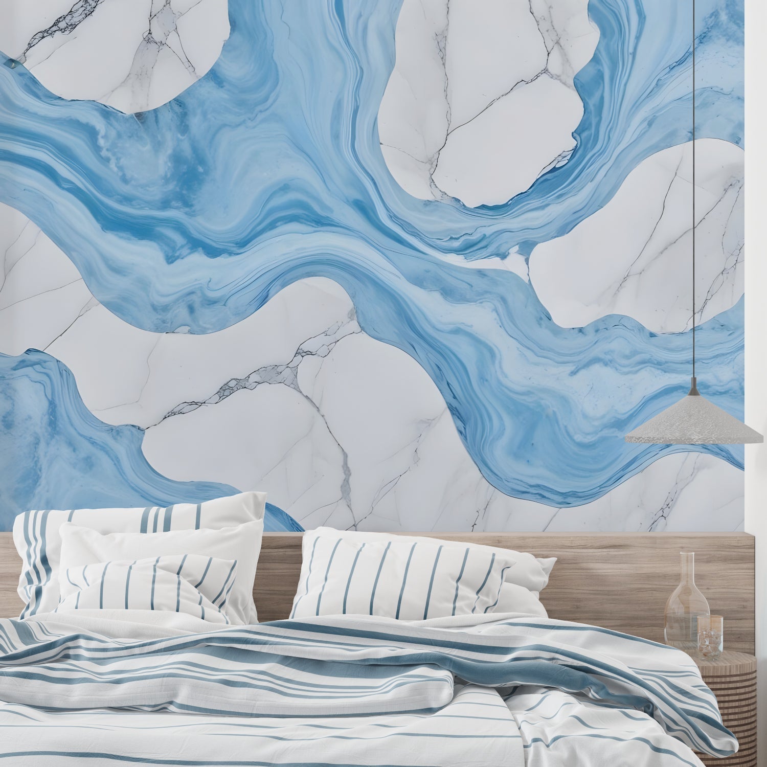 Blue marble wallpaper creating elegant atmosphere in modern living room with natural light