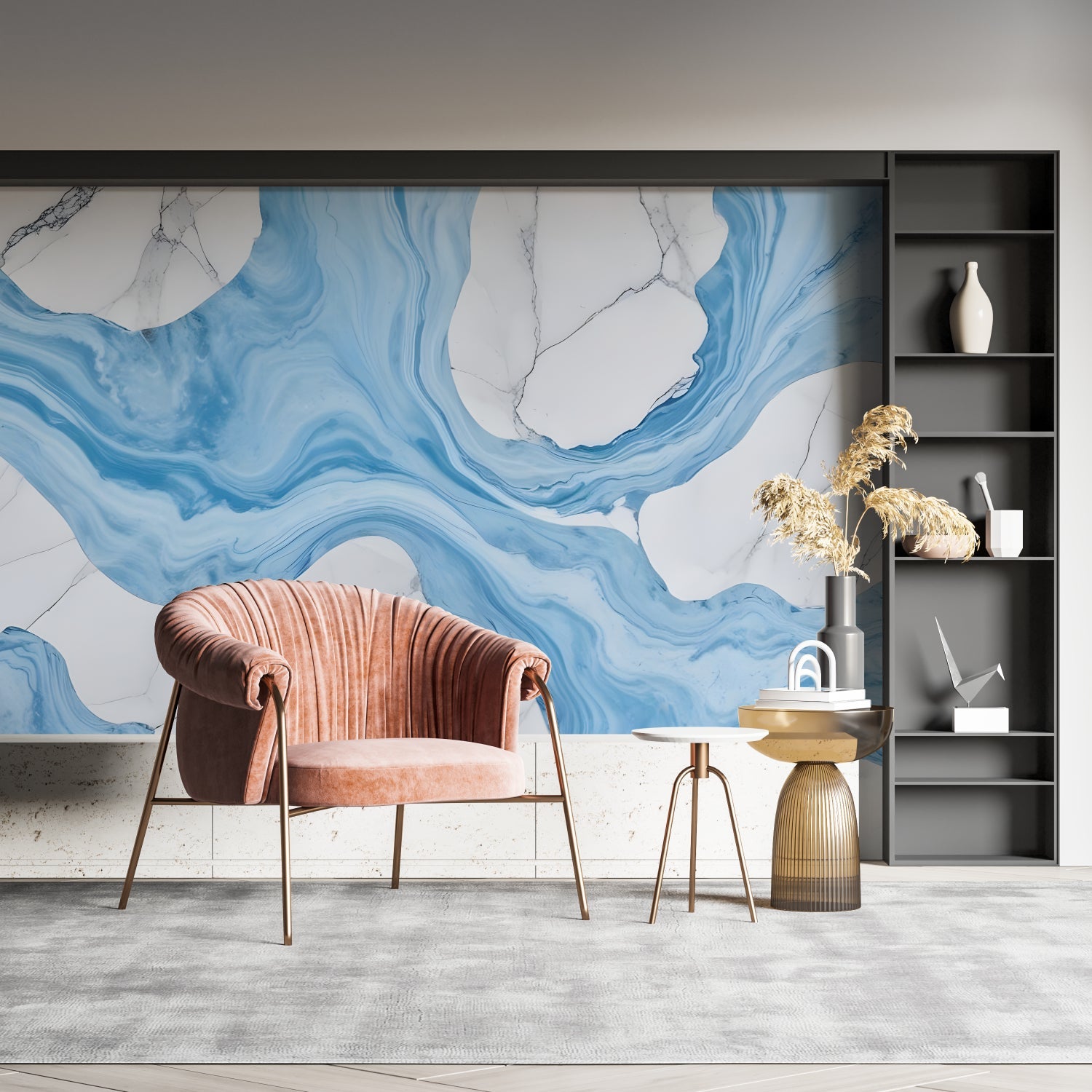 Marble effect wall mural bringing luxury feel to master bedroom with blue tones